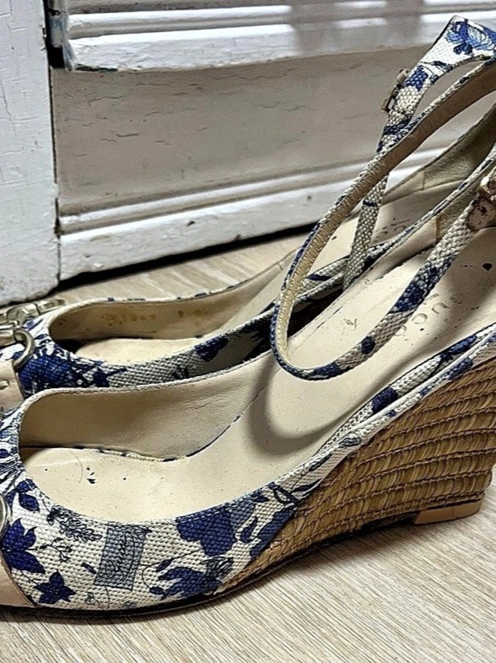 Gucci Blue Floral Canvas Horsebit Ankle Strap Wedge Sandals Wedge Sandals